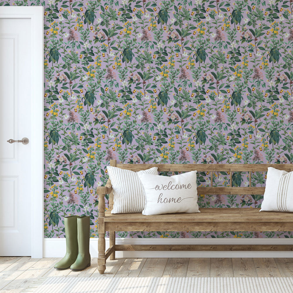 Botanical Garden Purple Wallpaper on accent wall