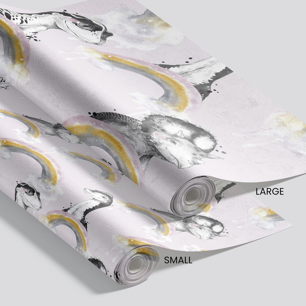 Dino Dreamscape (Pink) Wallpaper pattern size options