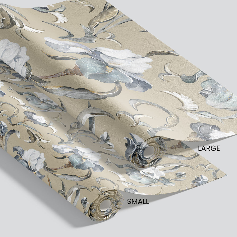 Poised Petals (Beige) Wallpaper pattern size options