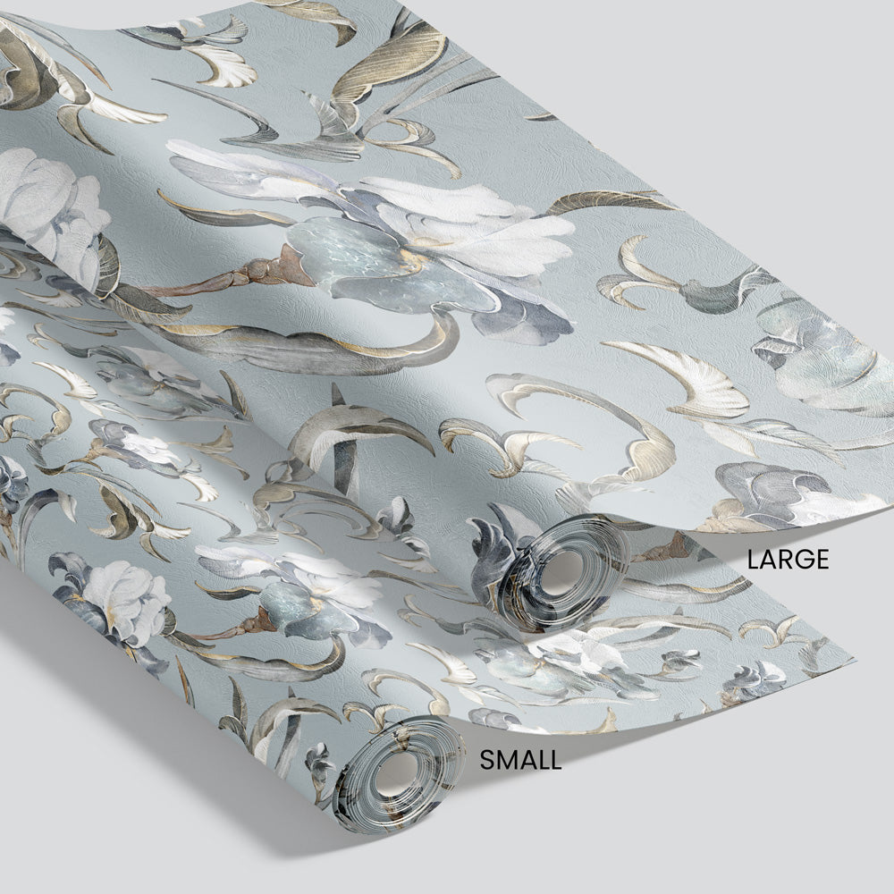 Poised Petals (Light Blue) Wallpaper pattern size options