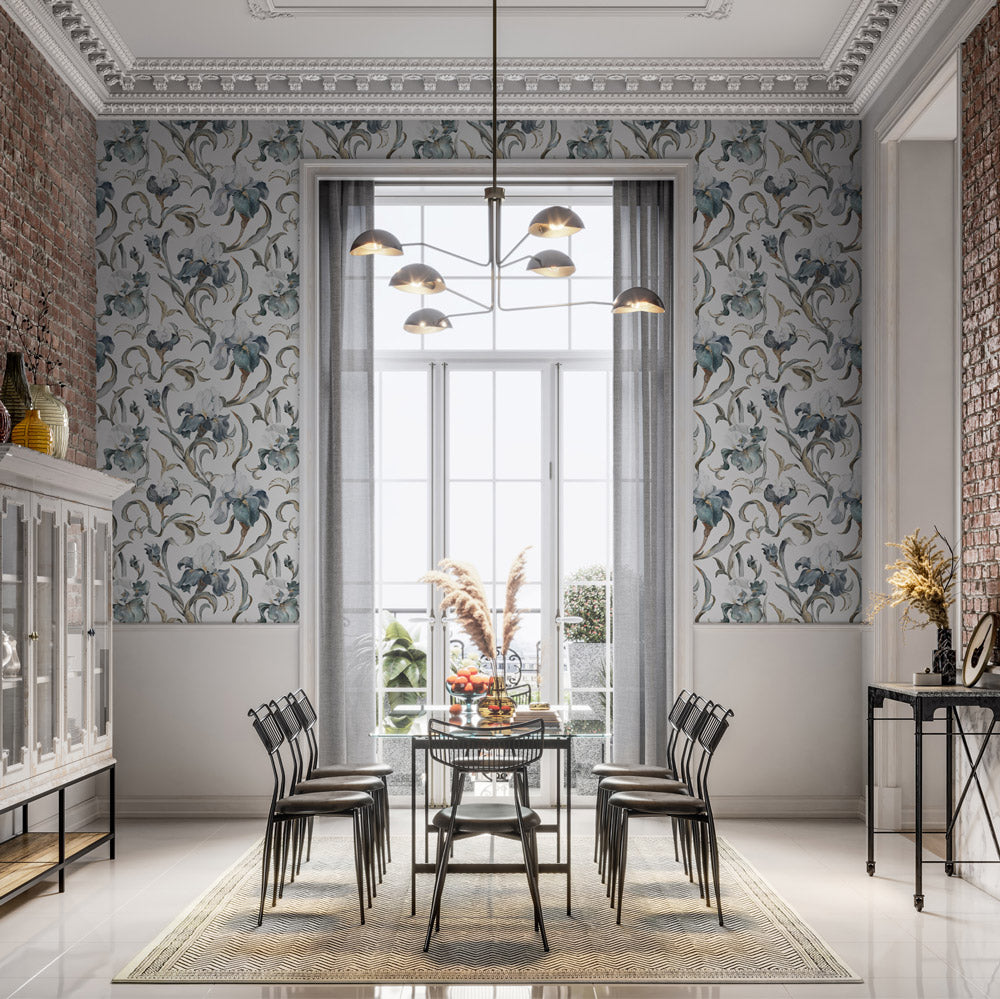 Poised Petals (White) Wallpaper on dining room wall