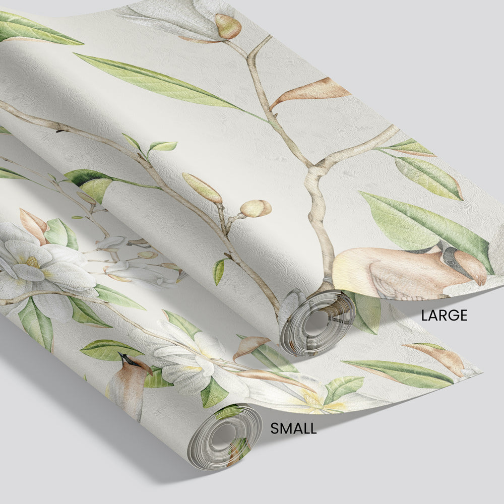 Birds of a Feather (Beige) Wallpaper pattern size options
