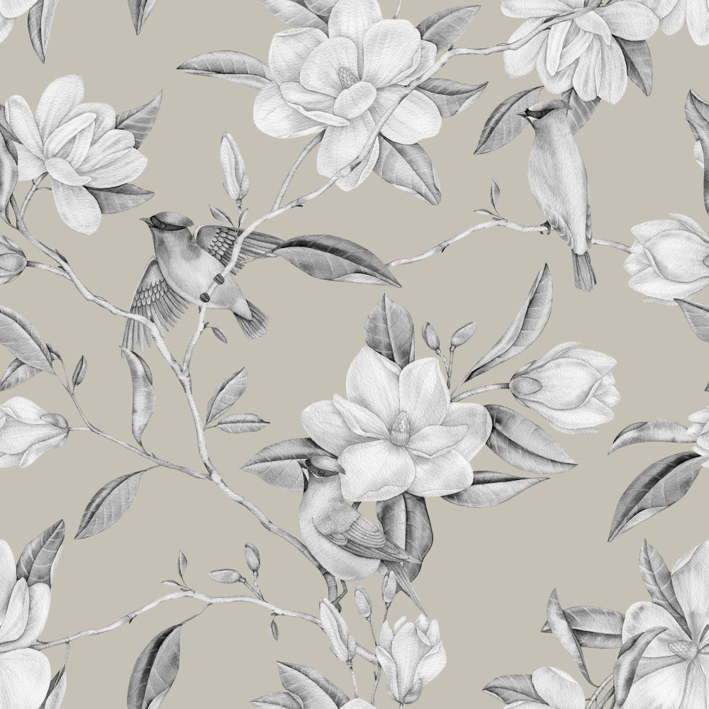 Birds of a Feather (Black & White with Beige) Wallpaper pattern close-up