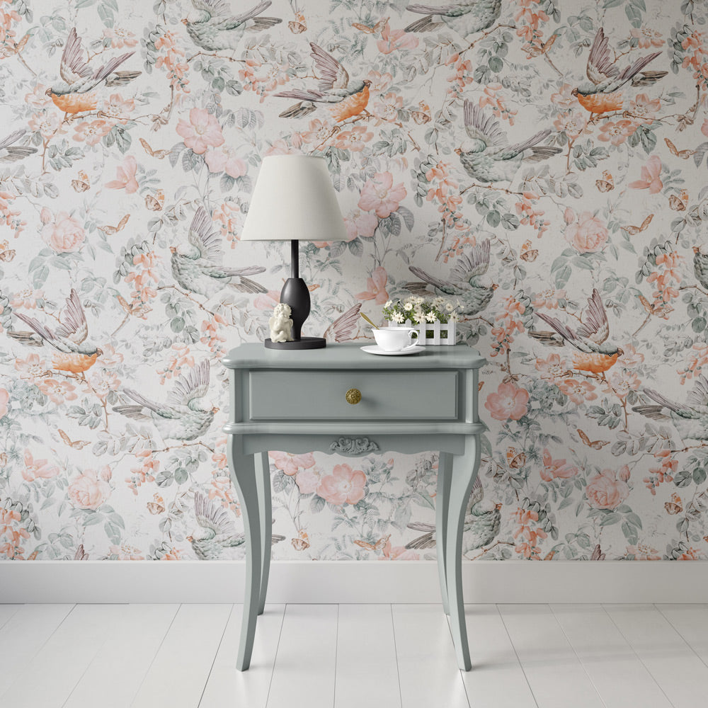 Bright Flight (Soft White) Wallpaper on accent wall