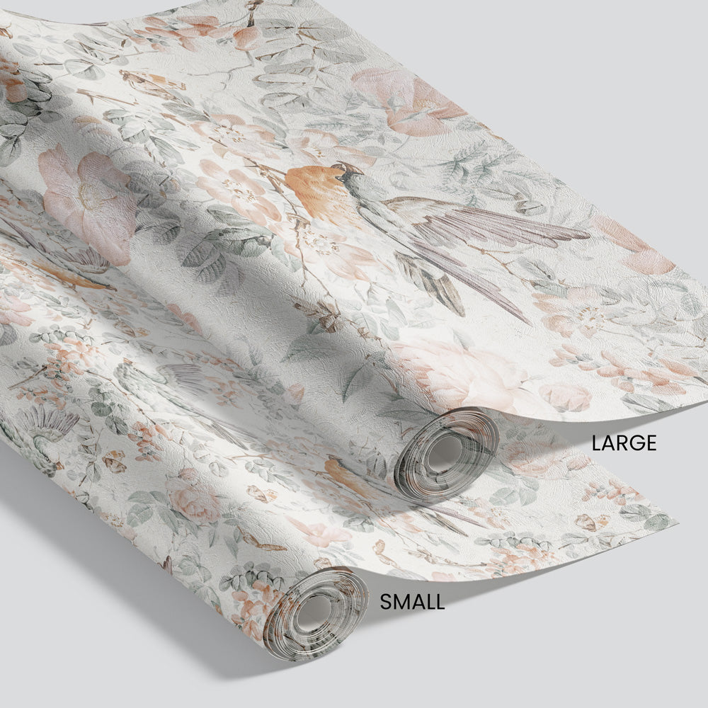 Bright Flight (Soft White) Wallpaper pattern size options