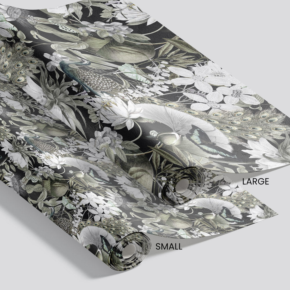 Wings and Feathers (Black) Wallpaper pattern size options