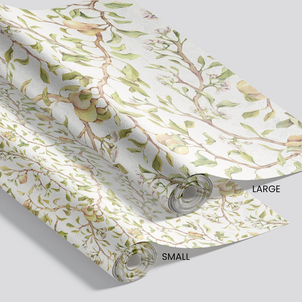 Heavenly Harvest (White) Wallpaper pattern size options