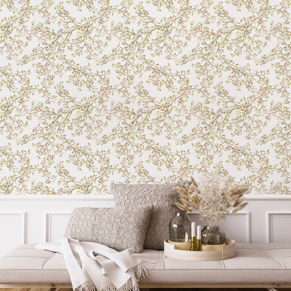 Budding Bush (White) Wallpaper on accent wall