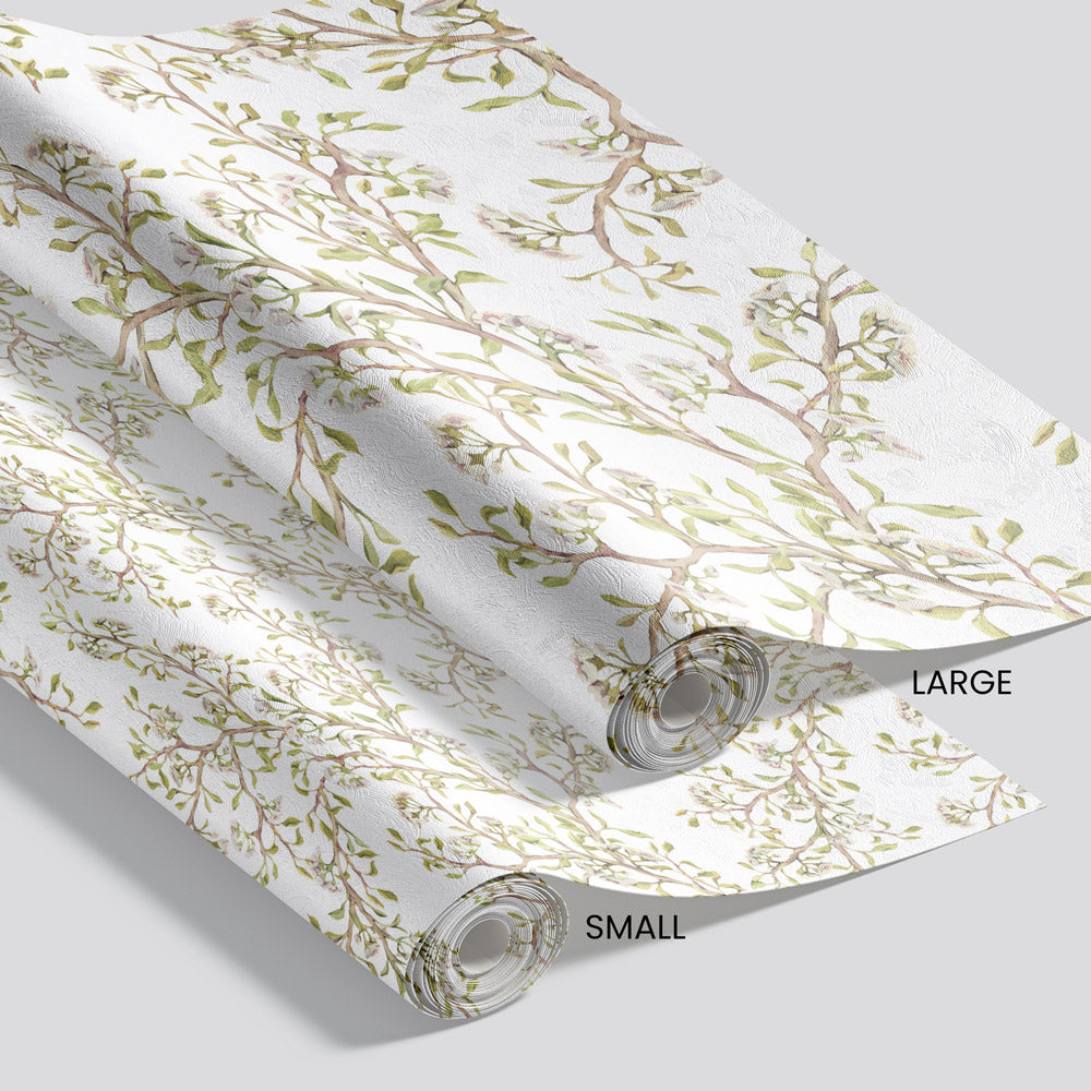 Budding Bush (White) Wallpaper pattern size options