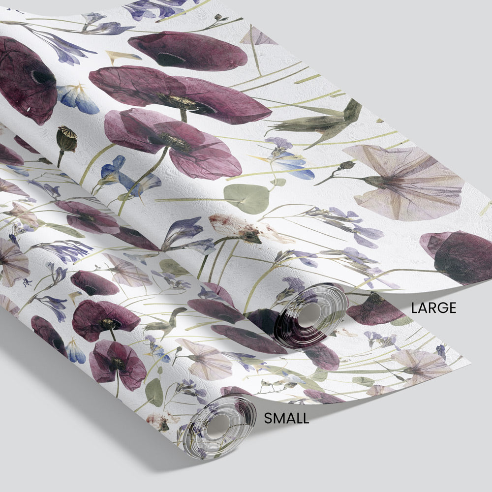 Pressed Petals (White) Wallpaper pattern size options