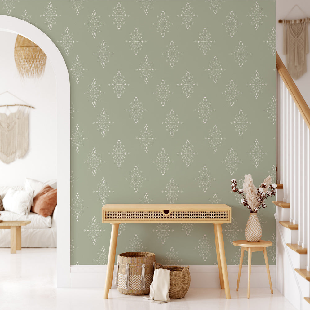 Boho Diamonds (Sage) Wallpaper on accent wall