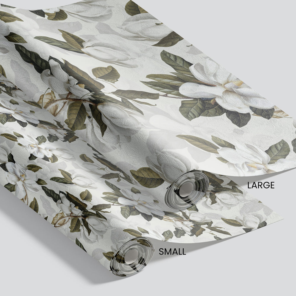 Velvet Magnolia (White) Wallpaper pattern size options