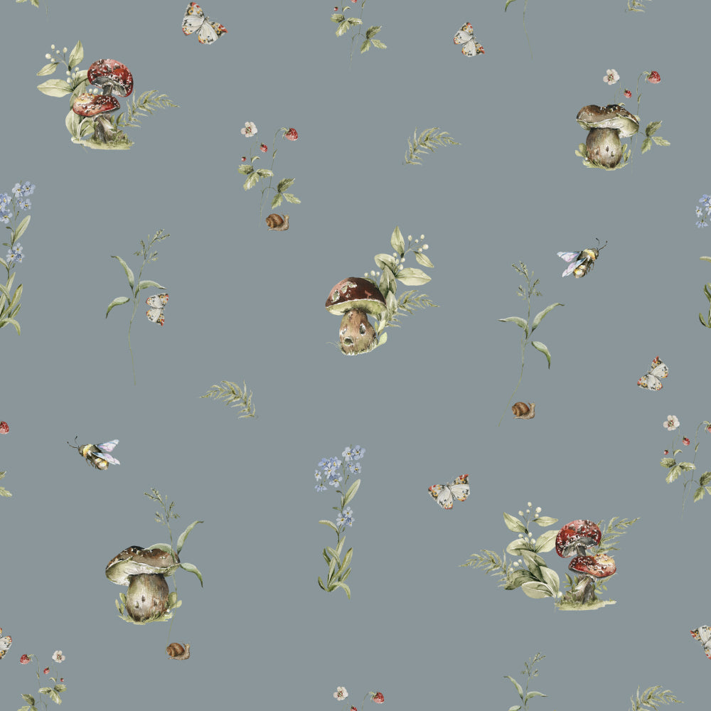 Toadstool Tango (Dusty Blue) Wallpaper pattern close-up
