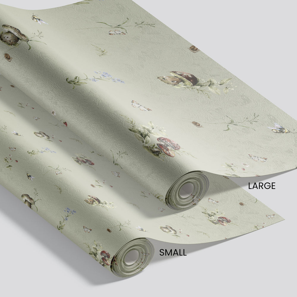Toadstool Tango (Sage) Wallpaper pattern size options