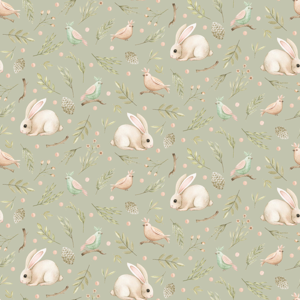 Birds and Bunnies (Sage) Wallpaper pattern close-up