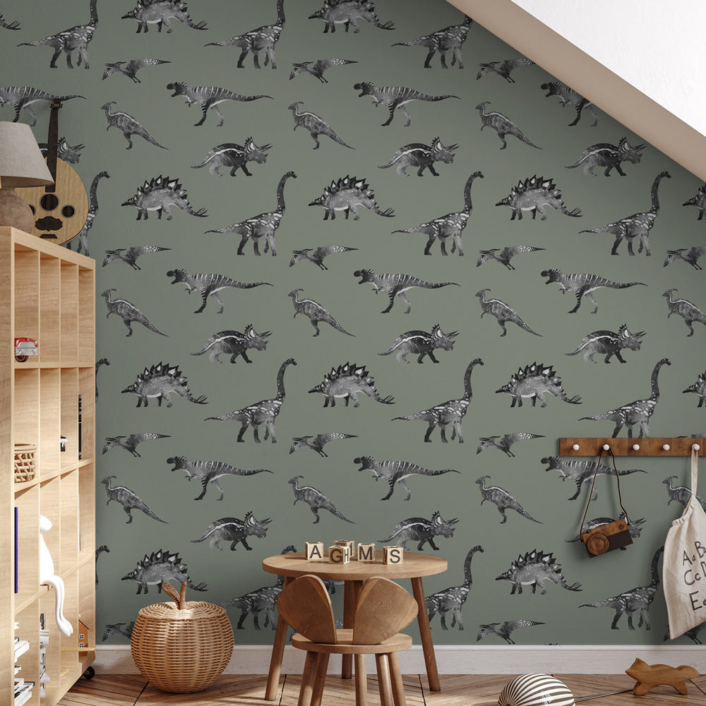 Jurassic Jungle (Sage) Wallpaper in nursery