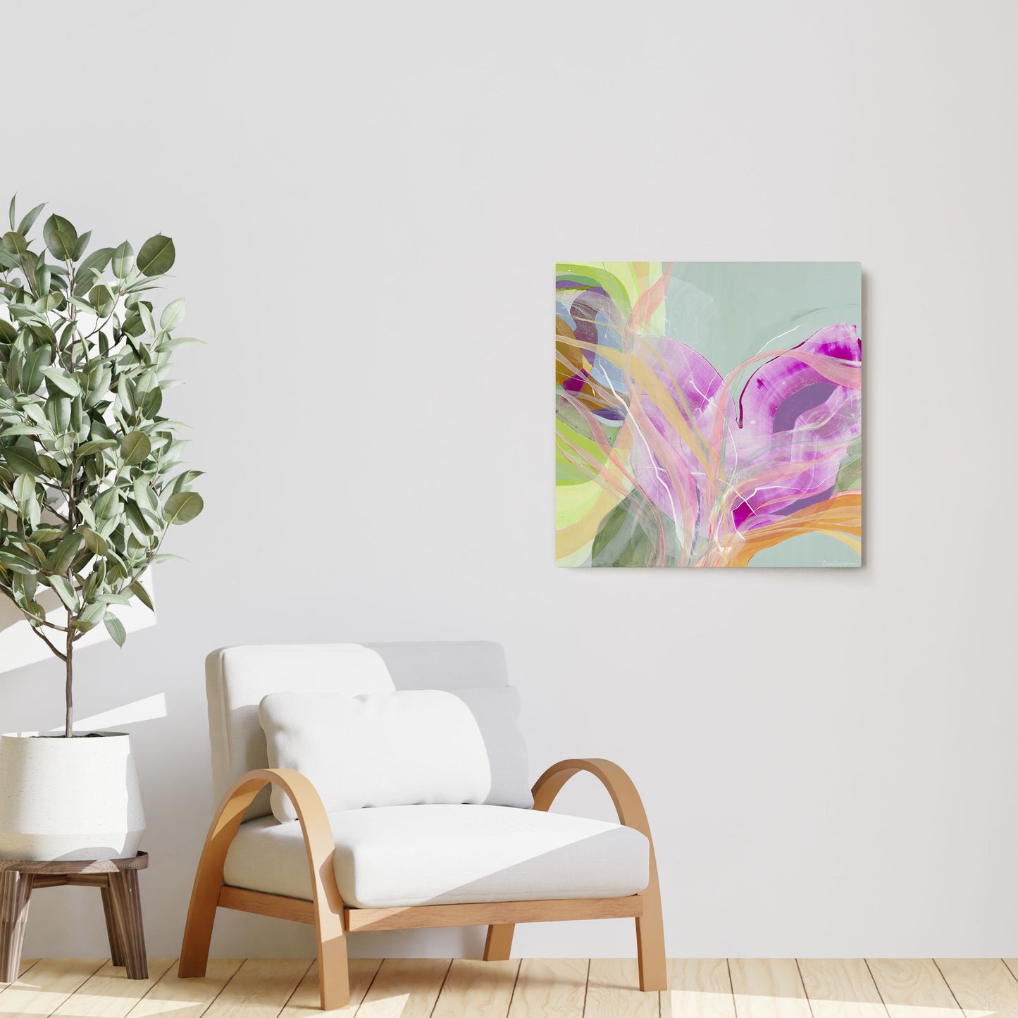Claire Desjardins' Bird of Paradise painting reproduced on HD metal print and displayed on wall