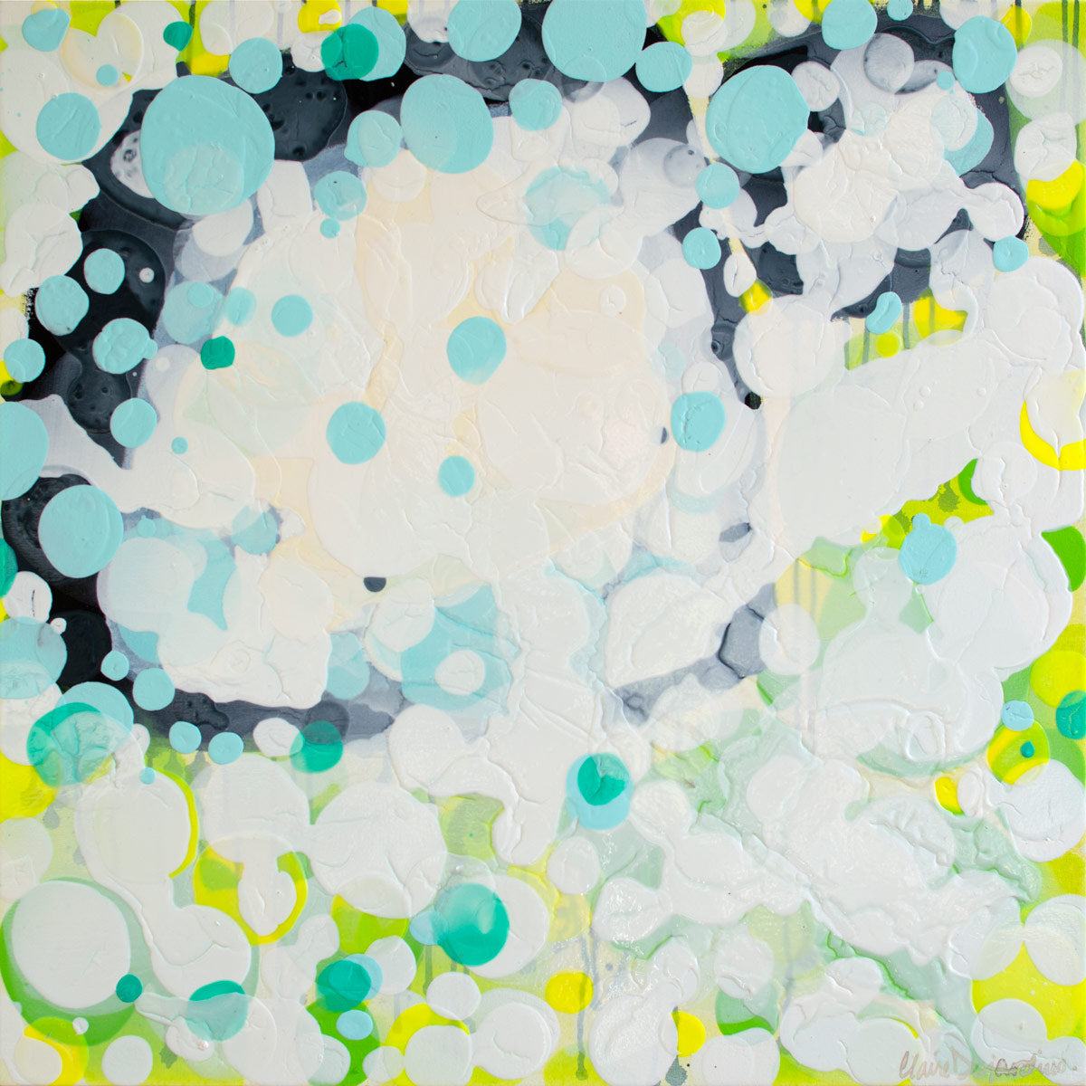 Claire Desjardins' Bright Lights painting reproduced on HD metal print and displayed on wall - Claire Desjardins' Bright Lights print close-up