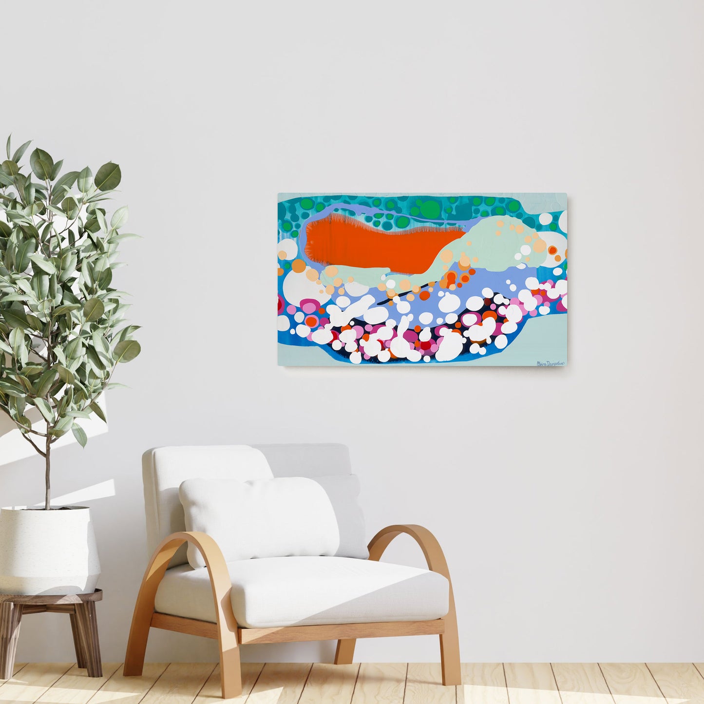 Claire Desjardins' Tell it All to Me painting reproduced on HD metal print and displayed on wall