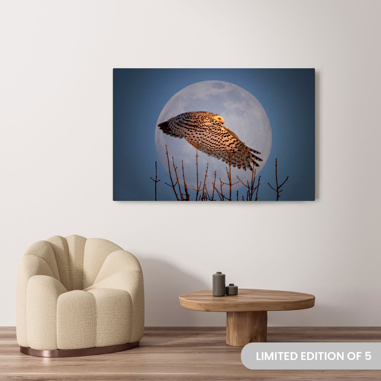 Michelle Valberg's Snowy Moon photography reproduced on a 40x60 HD metal print