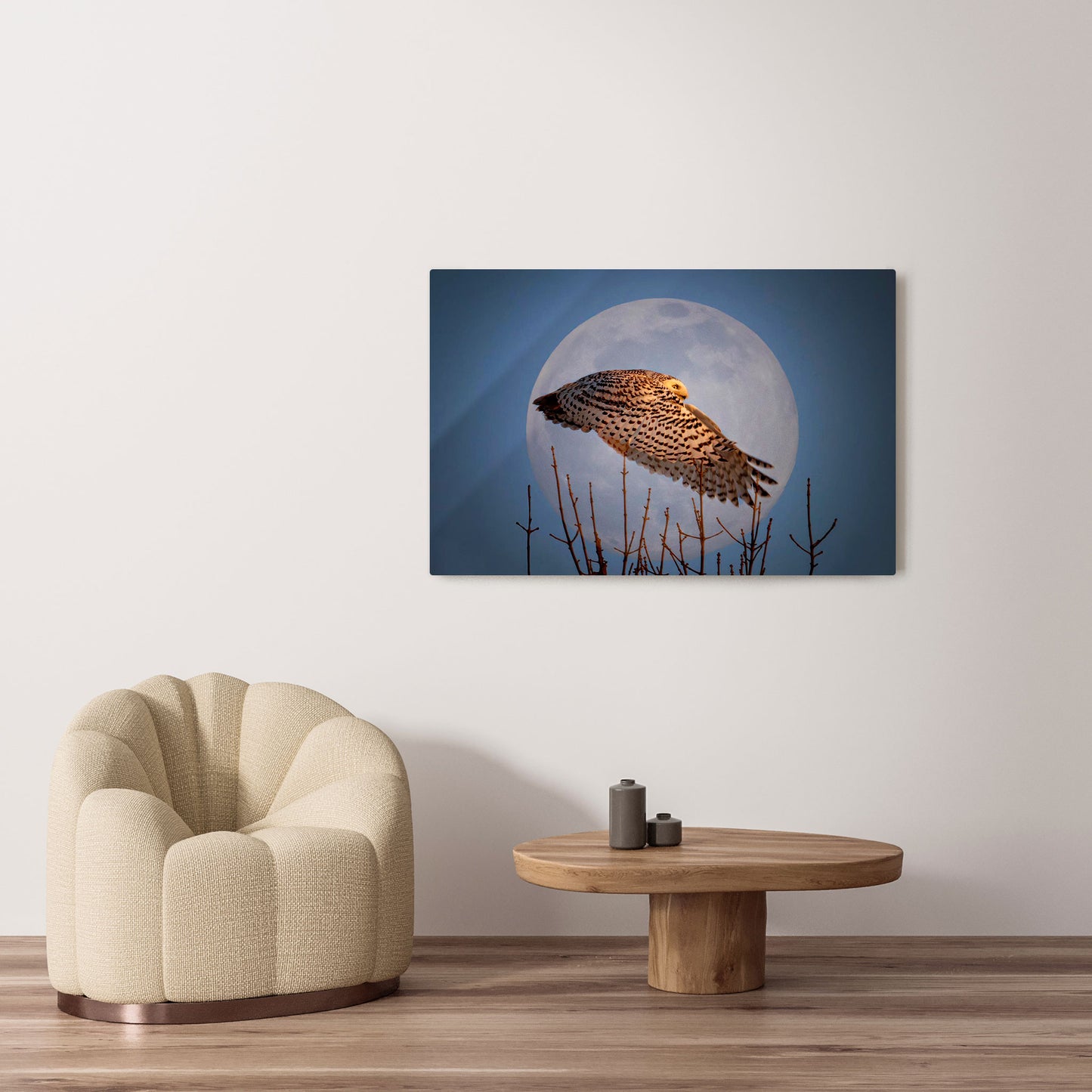 Michelle Valberg's Snowy Moon photography reproduced on HD metal print and displayed on wall