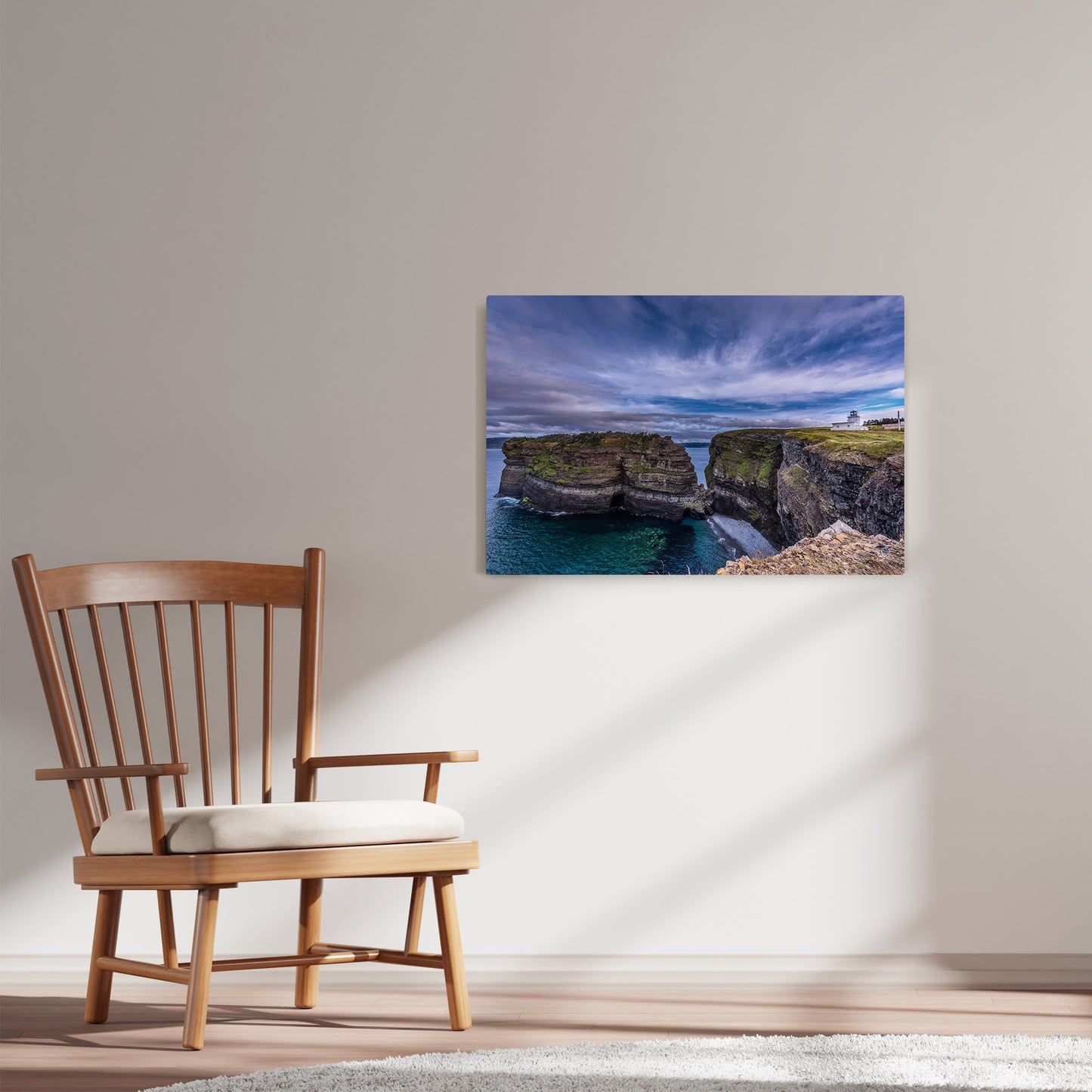Ray Mackey's Bell Island Lighthouse photography reproduced on HD metal print and displayed on wall