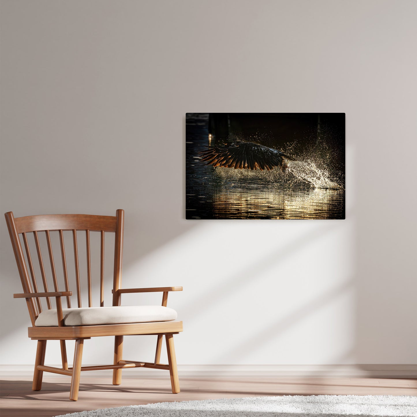 Ray Mackey's Eagle's Retrieving Light photography reproduced on HD metal print and displayed on wall
