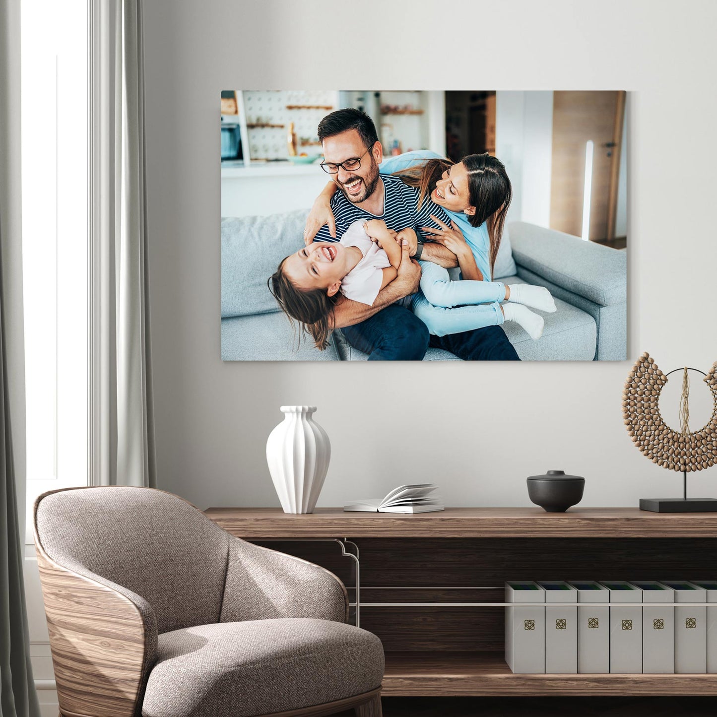 Custom HD metal print on living room wall