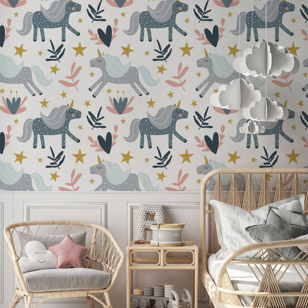 Cute unicorn wallpaper in a bedroom
