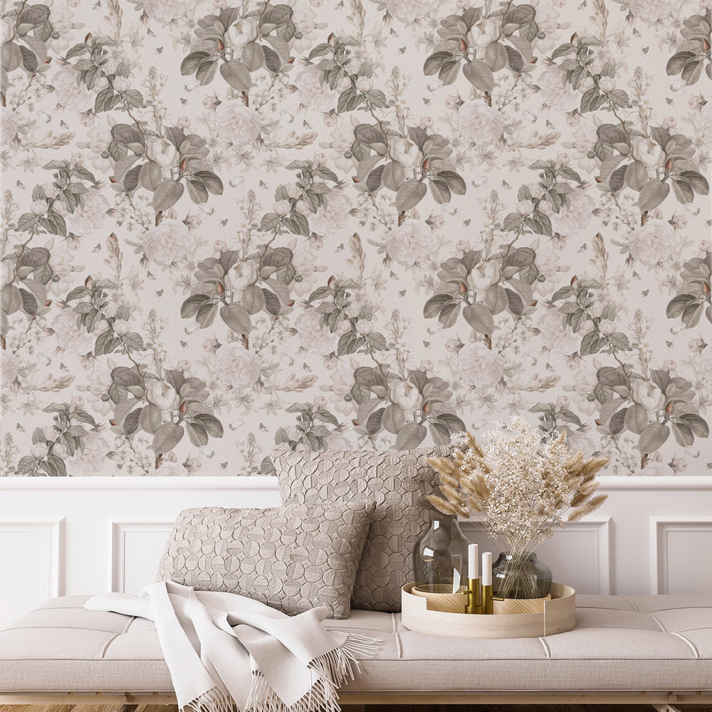 Gentle Bloom Ivory Wallpaper on accent wall