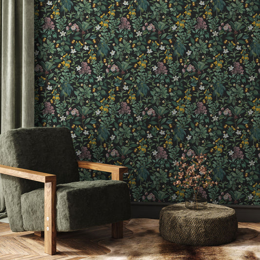 Botanical Garden Black Wallpaper on living room wall