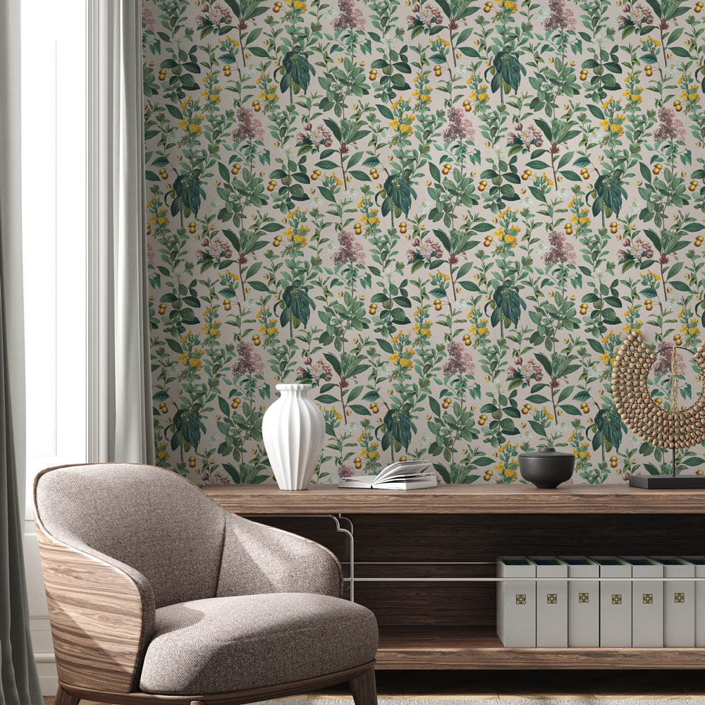 Botanical Garden Grey Wallpaper on living room wall