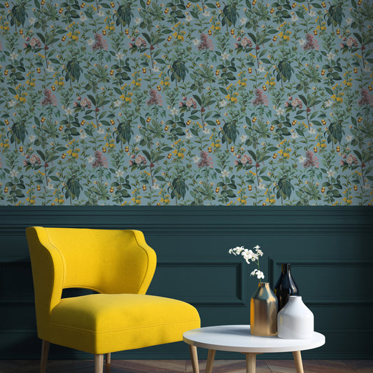 Botanical Garden Blue Wallpaper on accent wall