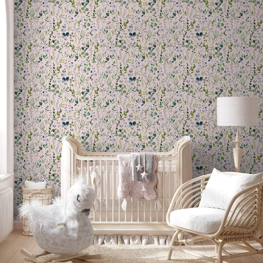 Quiet Tranquility Pink Wallpaper on nursery wall