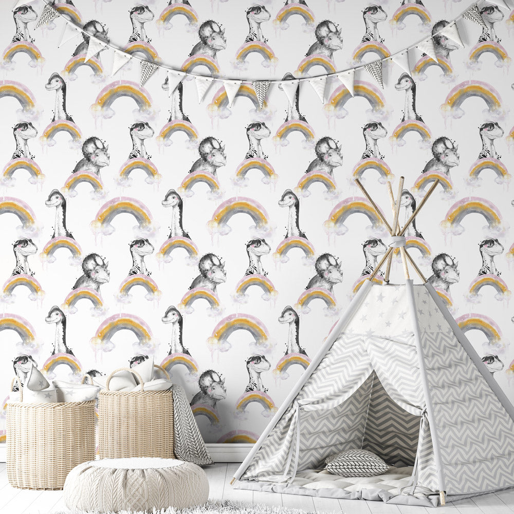 Dino Dreamscape (White) Wallpaper on playroom wall