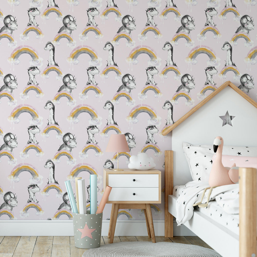 Dino Dreamscape (Pink) Wallpaper on bedroom wall