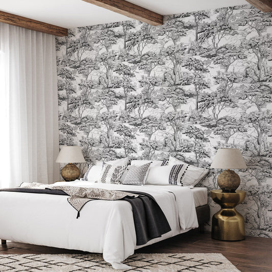 Peaceful Retreat (Black) Wallpaper on bedroom wall