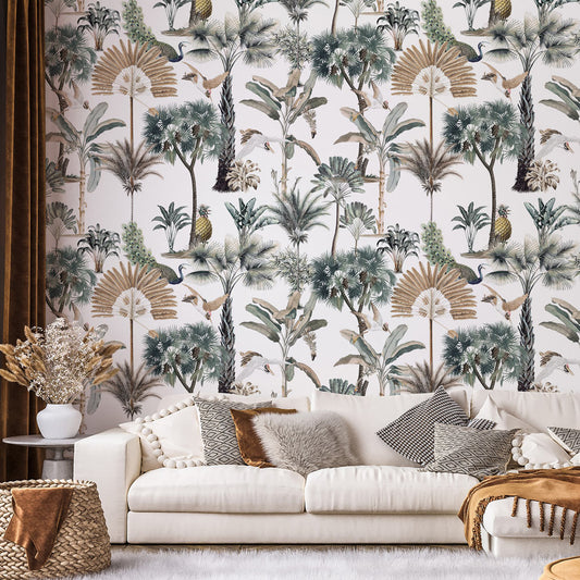 Birds Of Paradise (White) Wallpaper on living room wall