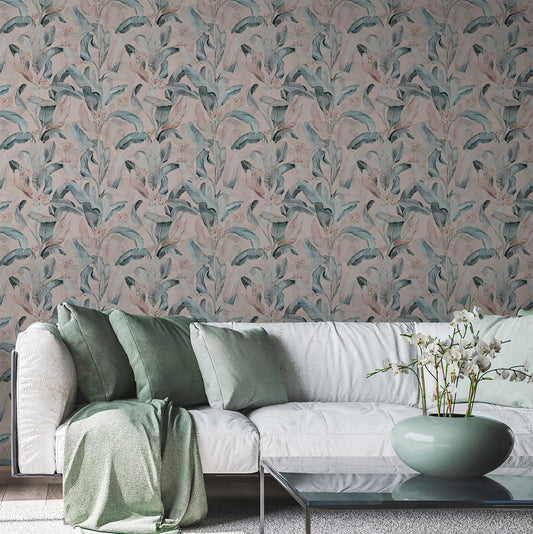 Silky Bloom (Pink) Wallpaper on living room wall