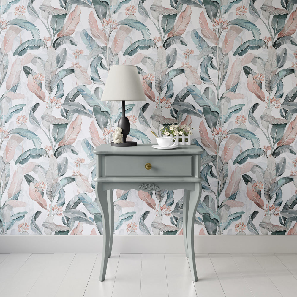 Silky Bloom (White) Wallpaper on accent wall