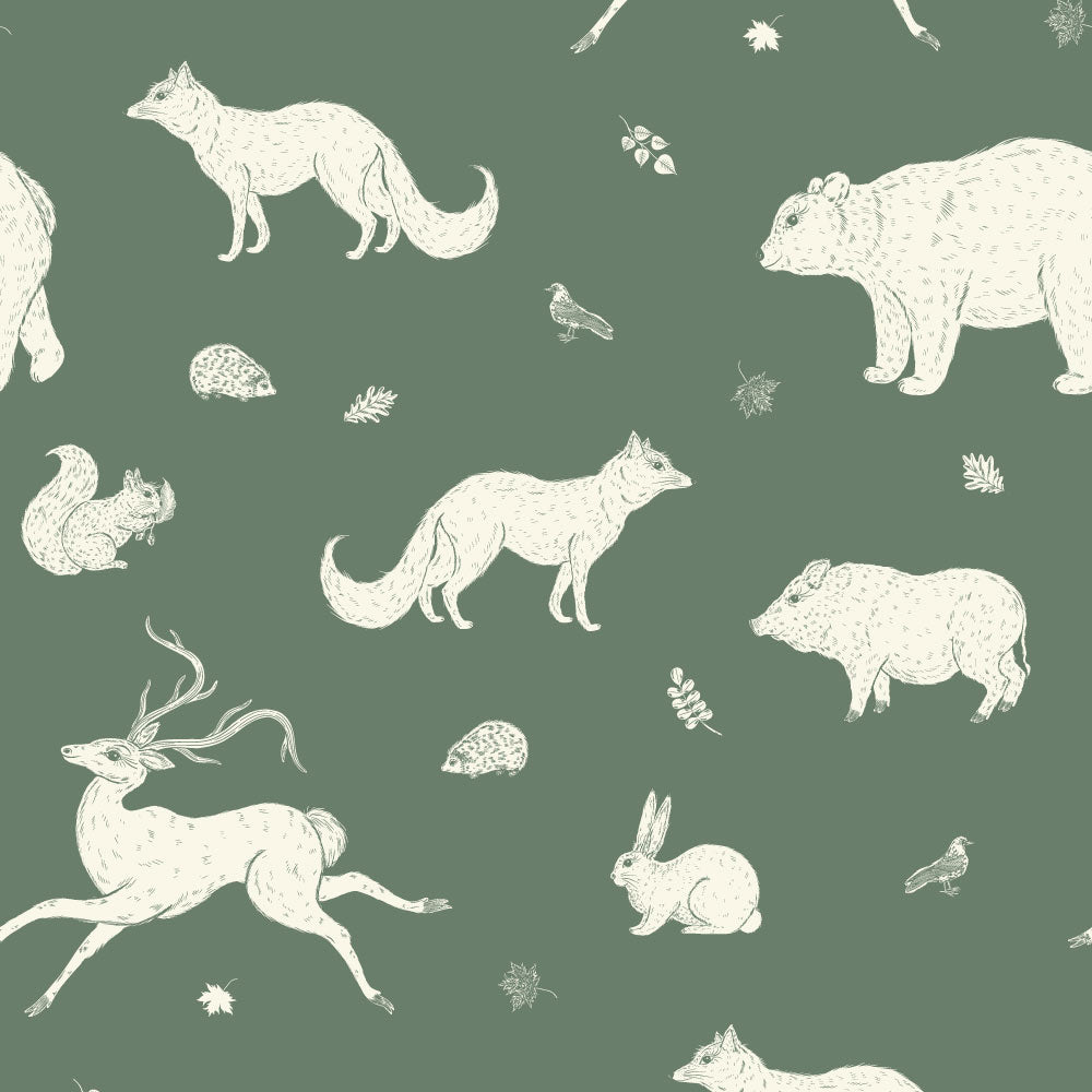 Woodland Friends (Green) Wallpaper pattern close-up