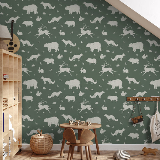 Woodland Friends (Green) Wallpaper on playroom wall