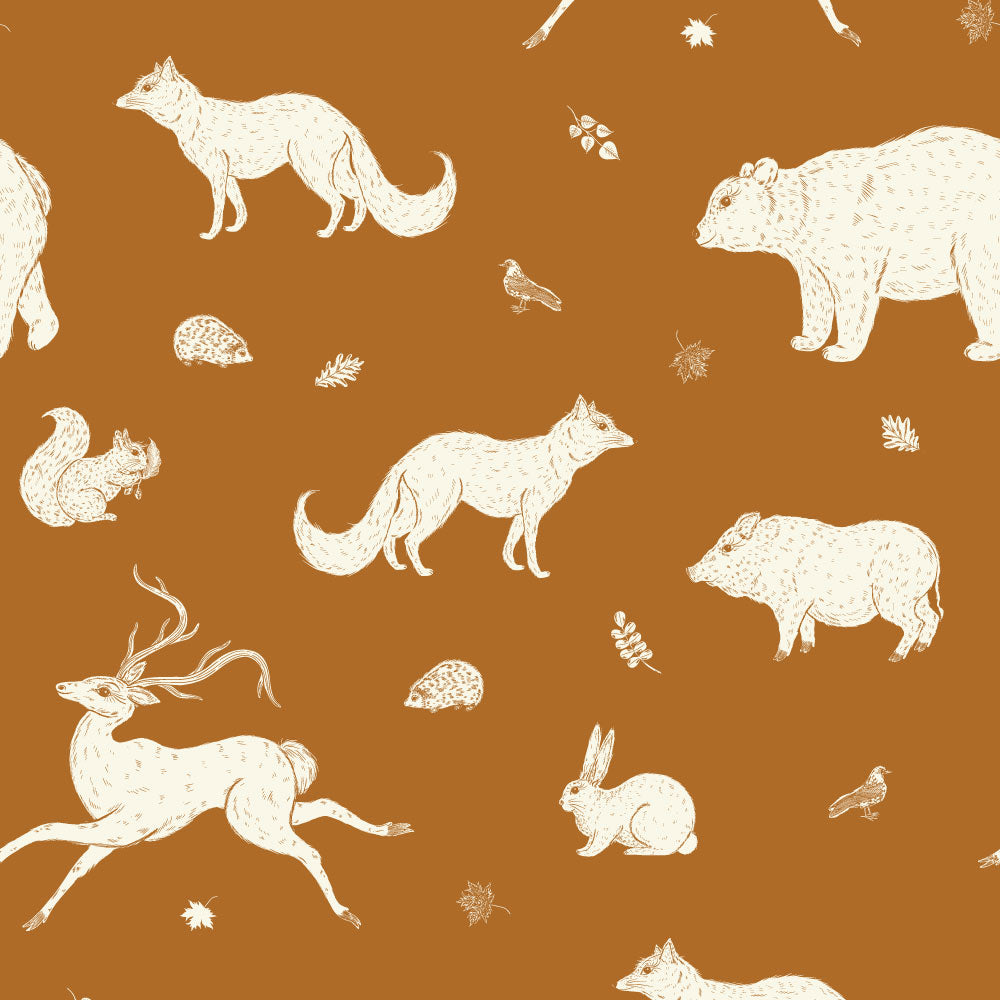 Woodland Friends (Burnt Orange) Wallpaper pattern close-up