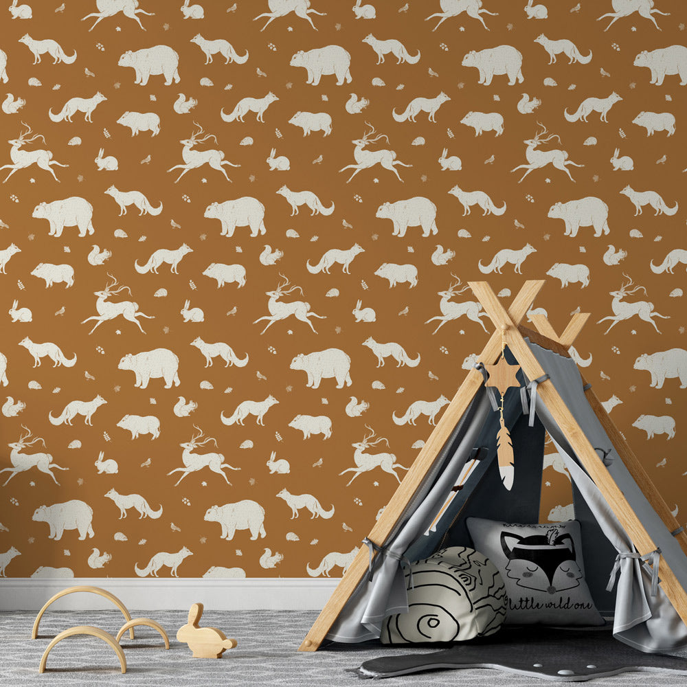 Woodland Friends (Burnt Orange) Wallpaper on playroom wall