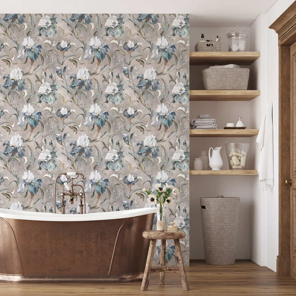 Poised Petals (Grey) Wallpaper on bathroom wall