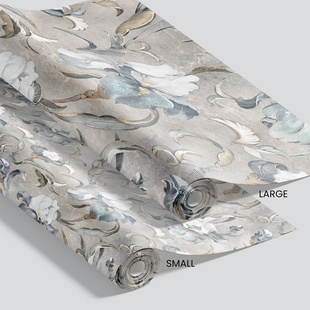 Poised Petals (Grey) Wallpaper pattern size options