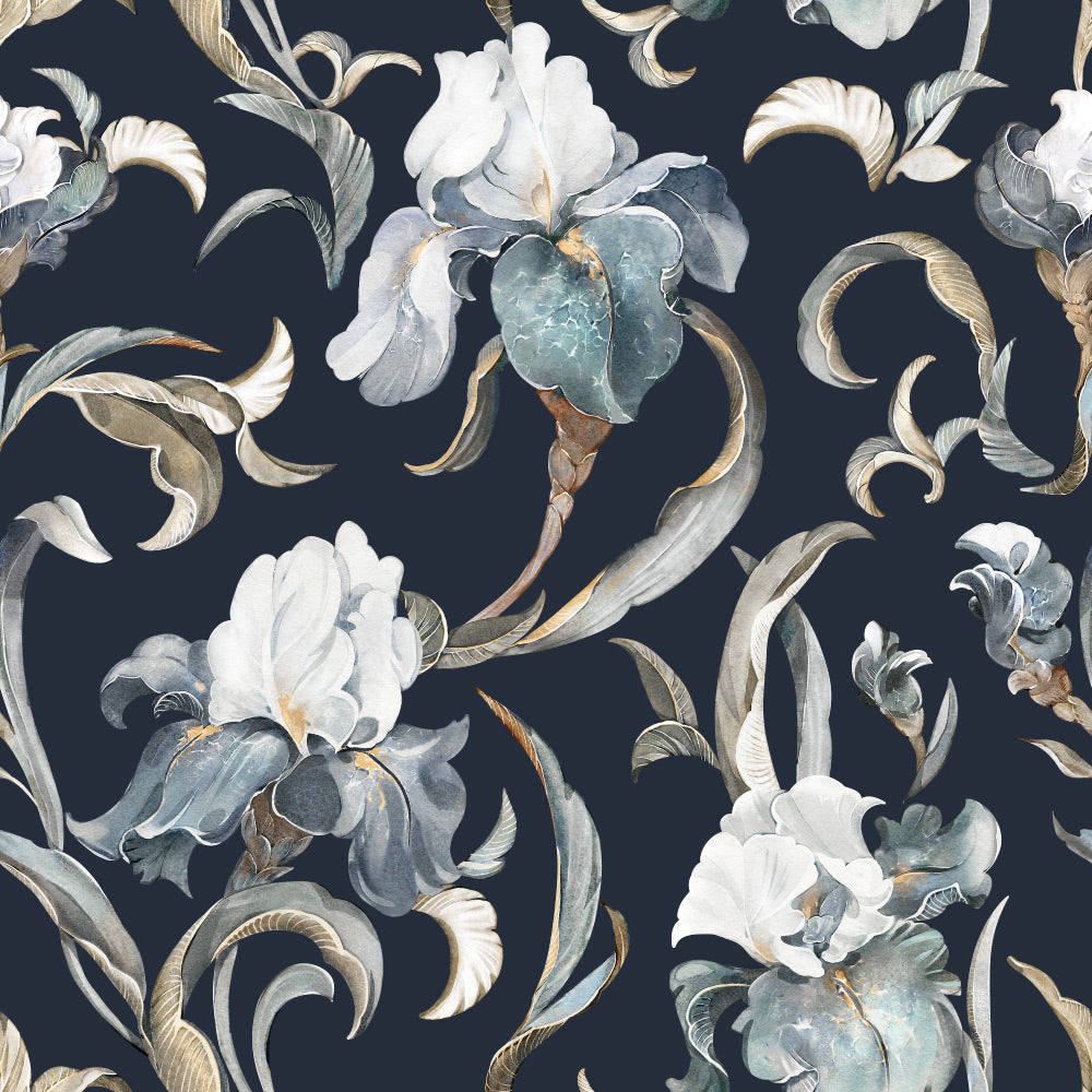 Poised Petals (Dark Blue) Wallpaper pattern close-up