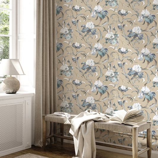 Poised Petals (Beige) Wallpaper on accent wall