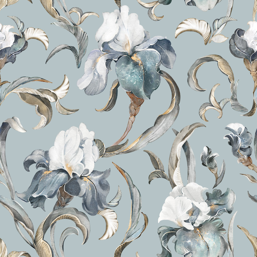 Poised Petals (Light Blue) Wallpaper pattern close-up