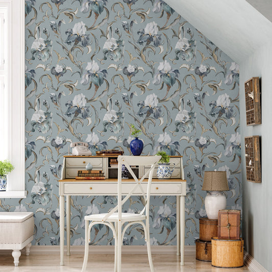 Poised Petals (Light Blue) Wallpaper on office wall